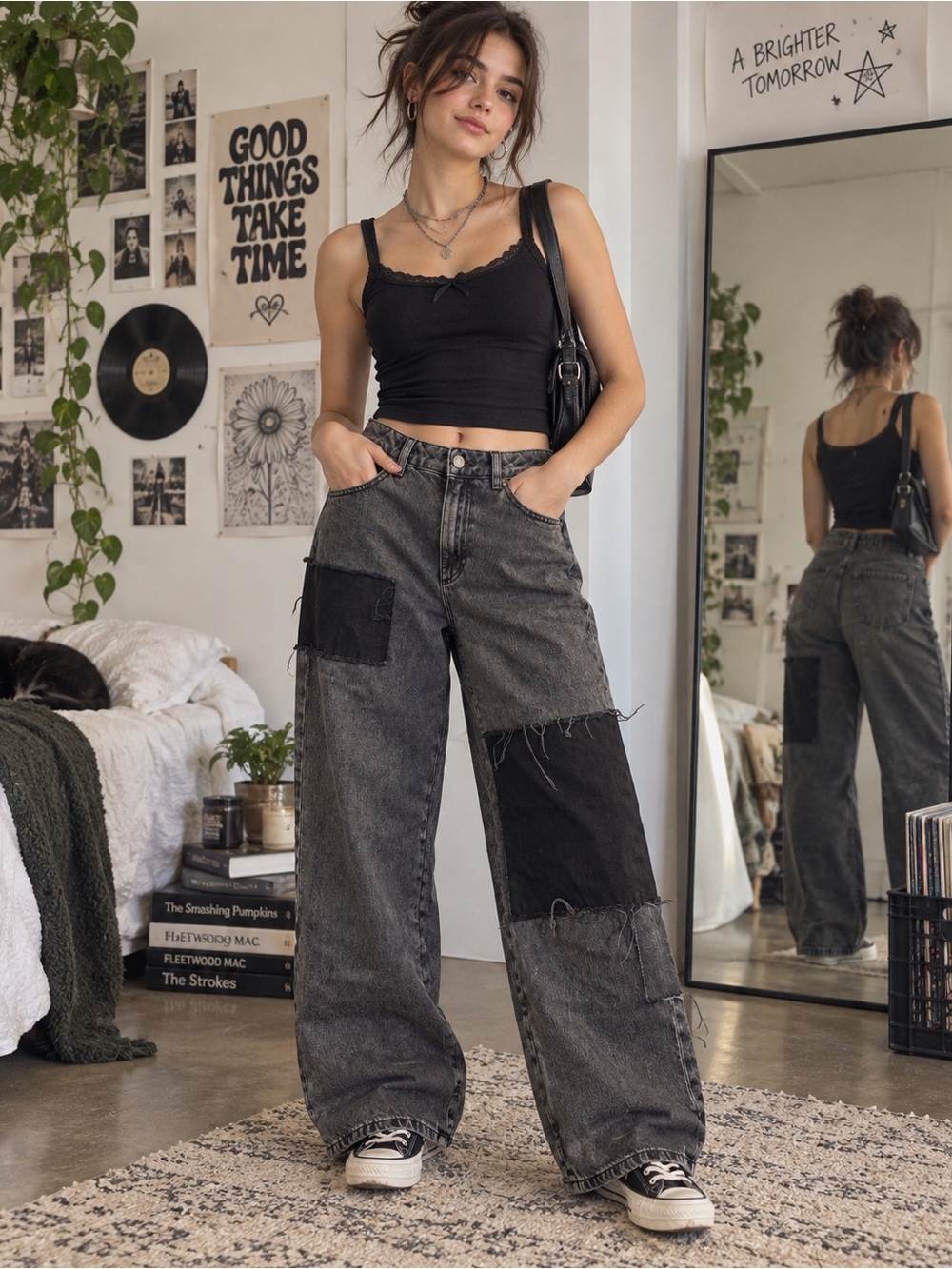 Garage Street Wide Leg Patchwork Jeans Black Grunge Indie Sleaze Y2K |Size 7/28|